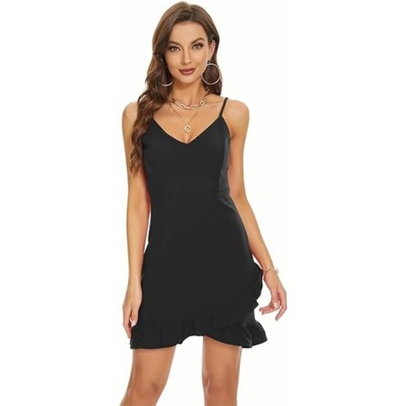 XL ROYLAMP Women's Summer Bodycon Dress Backless Spaghetti Strap V Neck Ruffle - Picture 2 of 9